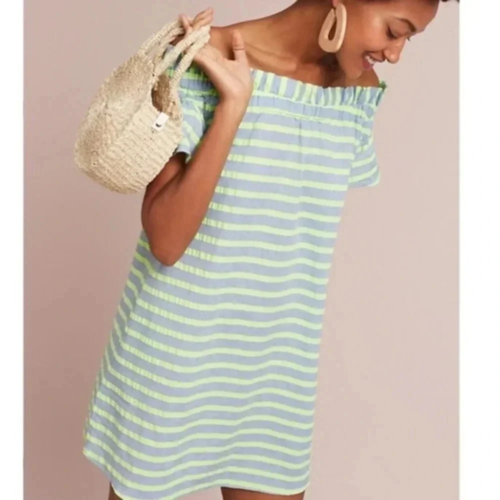 Anthropologie Corey Lynn Calter Bayside Stripe Off The Shoulder Dress Size XS